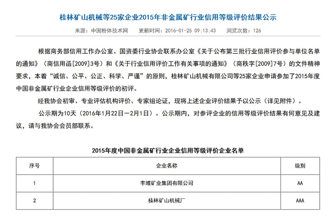 喜报!博纳装备荣获中国非金属矿行业AAA等级企业信用证书